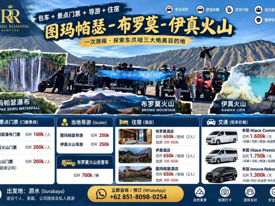 泗水包车旅游：千层瀑布、布罗莫火山和伊真火山